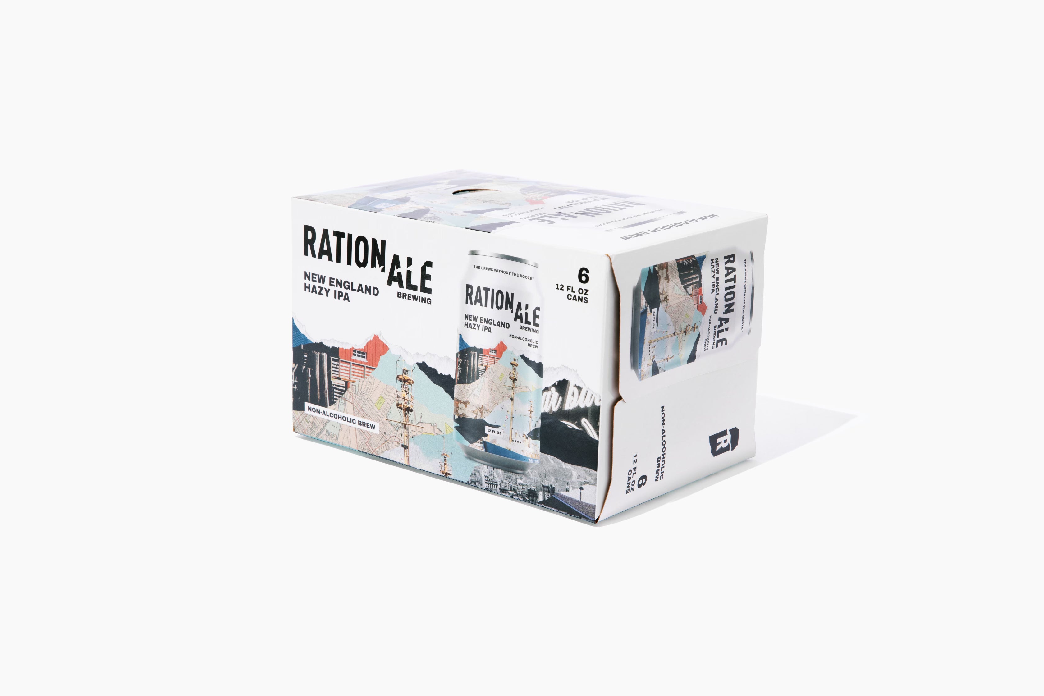 6 pack of New England Hazy IPA craft beer that is non alcoholic