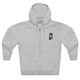 front view of a light grey hoodie with a 1 letter logo that says R with a beer can